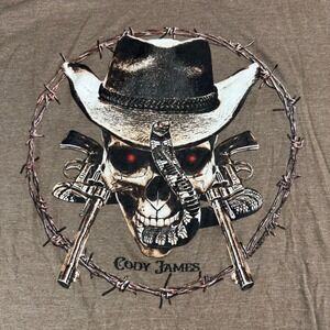 Cody James Graphic Tee Mens L Brown Skull Cowboy Hat Snake Barbed Wire‎